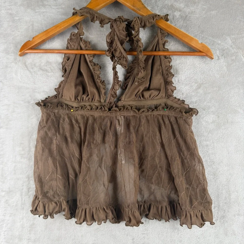 Out From Under Brown Sheer Mesh Ruffle Halter Top Small Medium V-Neck Tie Front